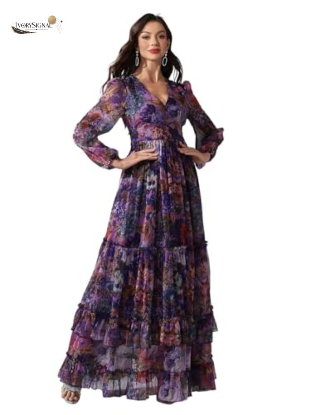 Boho Floral Maxi Dress Long Sleeve V-Neck Fit & Flare Cocktail Wedding Guest